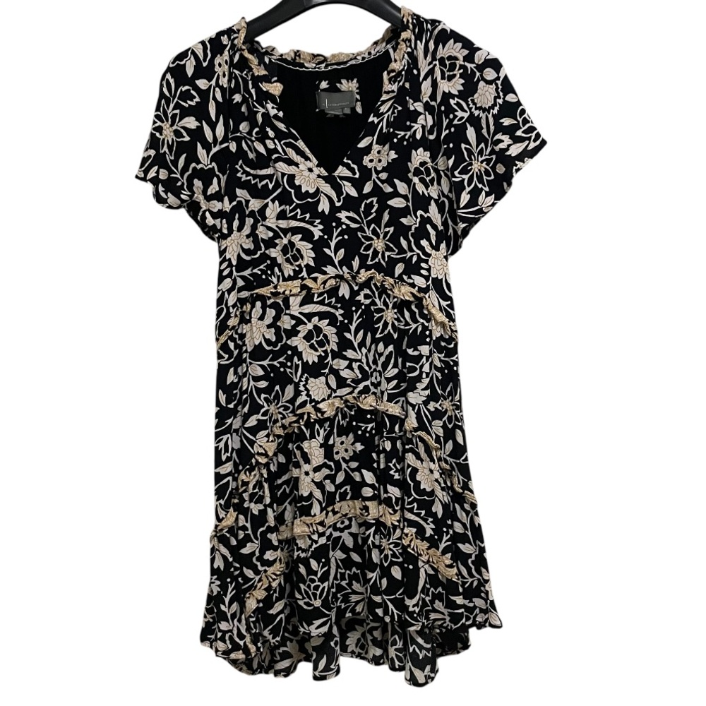 by Anthropologie Floral Black, Gold, and Cream Viscose Short Dress Small S